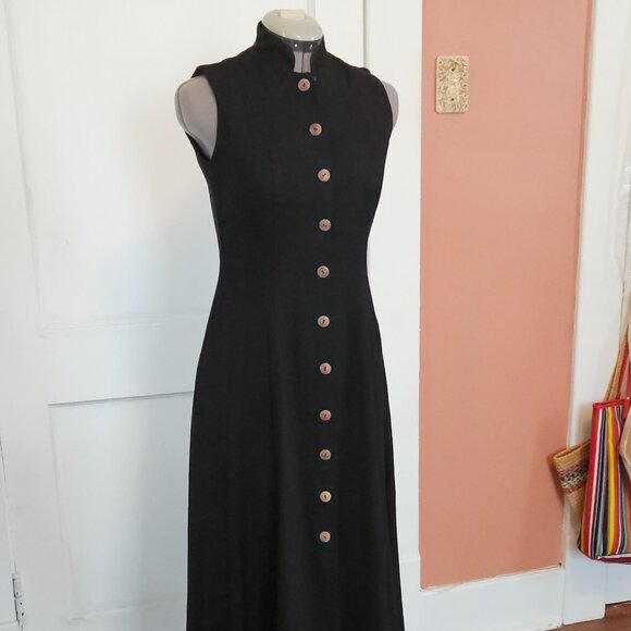 Vintage Claude Rene Black Linen Button Maxi Dress S- 4 - Picture 4 of 8